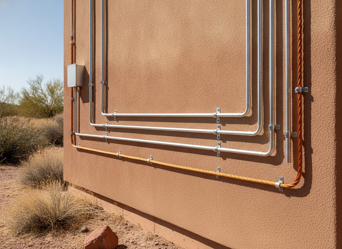 Electrical conduit and grounding running along a sunlit adobe wall