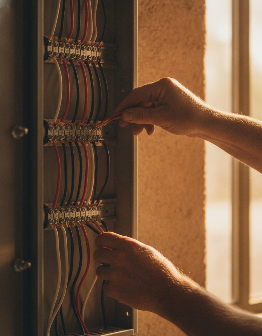 An electrician's hands wiring a residential breaker panel in bright daylight