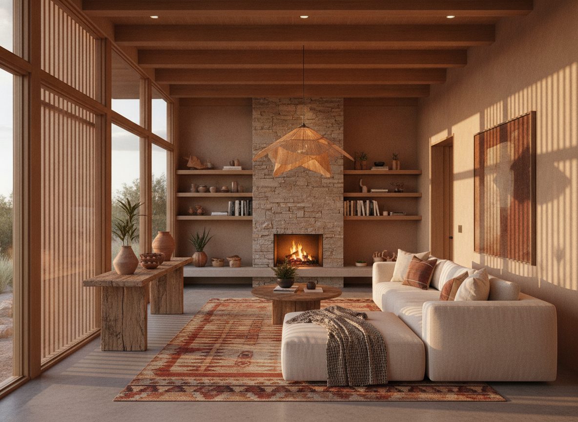 Warm recessed and pendant lighting installed in a Southwest desert home interior