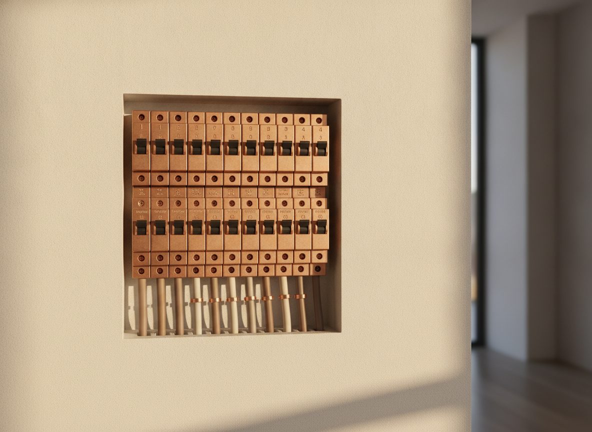 A clean modern residential breaker panel with organized circuit breakers